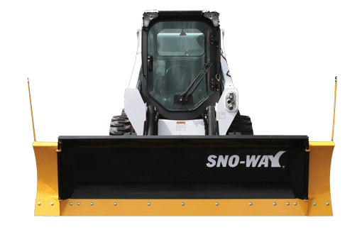 Sno-Way 29RSKD Series Snow Plow on a white Skid Steer
