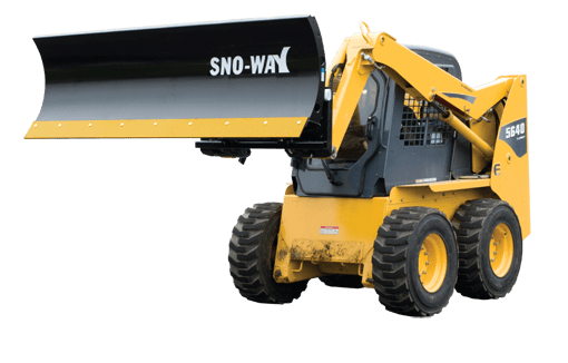 Sno-Way 29THDSKD Skid Steer Snow Plow on a yellow skid steer