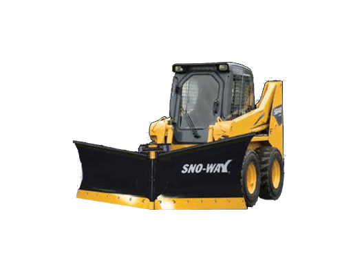 Sno-Way Flared 29VHDSKD Series Snow Plow on a yellow Skid Steer