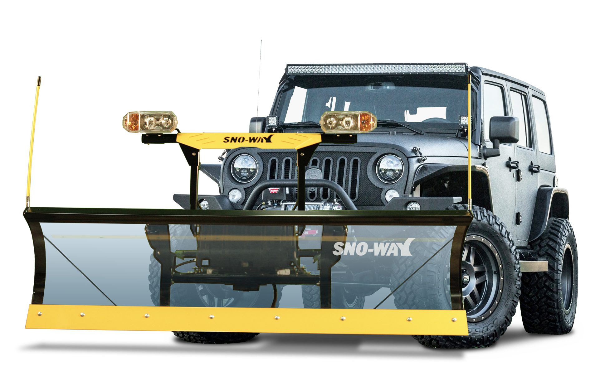 Sno-Way 22 Snow Plow on a gray Jeep Wrangler
